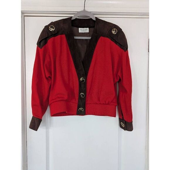 St.‎ John Sportswear Cardigan Sweater Small red leather shoulders gold Santana - Picture 1 of 11